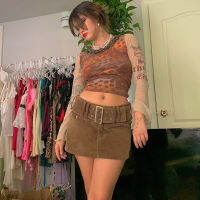 Brown Low Rise Corduroy Skirts Women Y2k Vintage With Belt A-line Skirt Fall Short Emo Bottoms 90s Indie Aesthetics Streetwear