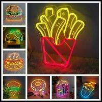 ▧ஐ✗ Fries Neon Sign Hot Dog Hamburger Pizza Cake Donuts LED Neon Lighting Lamps USB Party Restaurant Shop Kawaii Room Decor