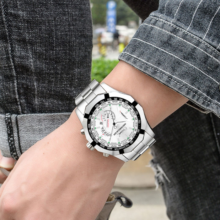 opkนาฬิกาสปอร์ตมัลติฟังก์ชันสำหรับผู้ชาย-นาฬิกาดิจิตอลสแตนเลสแฟชั่นกันน้ำแบบดั้งเดิมนาฬิกานักเรียนดูเท่ๆมีปฏิทินหน้าจอเรืองแสง