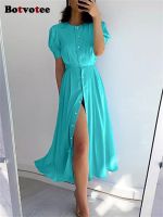 Botvotee High Waisted Dress Women 2023 New Solid Short Sleeve O Neck Button Up Summer Dresses Elegant Puff Long