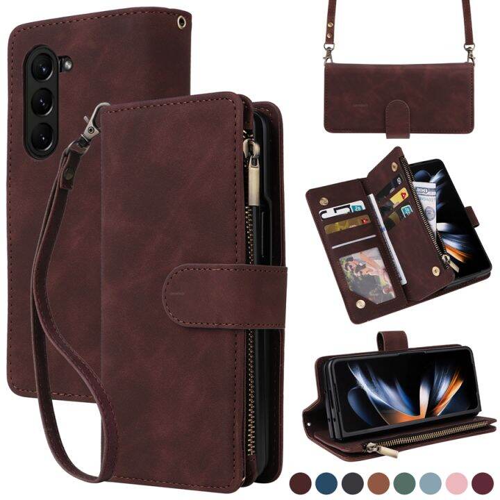 crossbody-หลายช่องเสียบการ์ดซิปกระเป๋าสตางค์ซองหนังพลิกแม่เหล็กสำหรับ-samsung-galaxy-z-fold5พร้อมฟังก์ชั่นยึดพับ5-cover