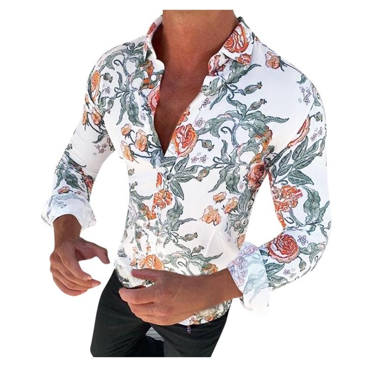 เสื้อฮาวายเข้ารูปพิมพ์ลาย3d-แฟชั่นดอกกุหลาบเสื้อเชิ้ตลำลองแขนยาวสำหรับผู้ชายเสื้อเชิ้ตลายดอก