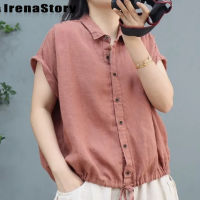 (XS-4XL) IRENASTORY เสื้อฝ้ายลินินสตรี,เสื้อหลวมขนาดใหญ่แขนสั้นมีสายรูดลำลองสำหรับใส่ในฤดูร้อนคุณแม่วัยกลางคน