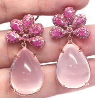 ต่างหูพลอยแท้ โรสควอตซ์(Rose Quartz) 16 x 30 mm. และ ทับทิม ล้อม แซฟไฟร์ชมพู เงินแท้ 925 ชุบนาค (rose gold)