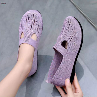 รองเท้าถักแบบสวมพื้นเรียบสำหรับผู้หญิง,รองเท้าแบบสลิปออนสวมใส่สบายสำหรับเดินทางช้อปปิ้งกลางแจ้ง Yan Baobao