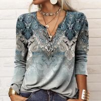 Autumn Long Sleeve Printed Ethnic Style Fashion T-shirt Casual Loose V-neck Tops Retro Womne Pullover Tees S-5XL