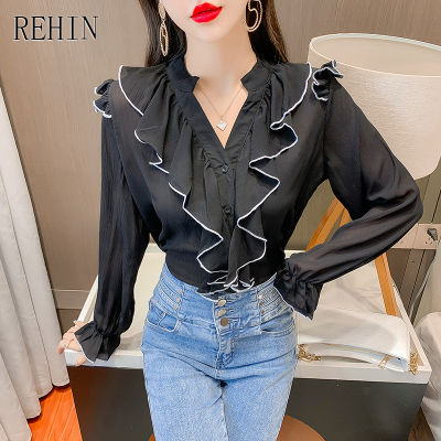 REHIN ผู้หญิงฤดูใบไม้ร่วงใหม่ Retro Ruffle V คอออกแบบเสื้อแขนยาว Niche Trend เสื้อ