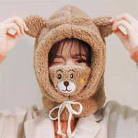 Cute Bear Ear Plush Winter Hat Beanies Womens Hat Scarf Warm Breathable Balaclava Hat For Women Double Layers Protection Caps