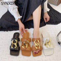 SYNXDN Flat Women Summer Slippers Chain Buckle Comfortable Beach Flip Flops Home Designer Shoes Anti-Slip Open Toe Slides