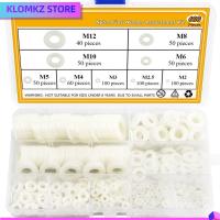 KLOMKZ 600Pcs M2 M2.5 M3 M4 M5 M6 M8 M10 M12 เครื่องซักผ้าไนลอน สีขาวขาว 9ขนาด ชุดแยกเครื่องซักผ้าแบน ทนทานต่อการใช้งาน กลมกลมๆ ตัวเว้นระยะแหวนรองพลาสติก การเชื่อมต่อไฟฟ้า