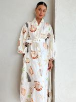 HOT★Shell Printed Belts Dress Female Long Lantern Sleeve High Waist Holiday Single Breasted Dresses Women Stand Collar A-line Robe