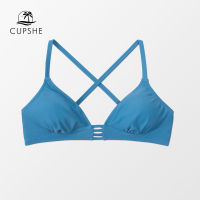 CUPSHE Solid Blue Criss Cross Back Tie Bikini Top Only For Women Sexy Hollow Out Tank Top  Beach Separate Swimsuit Bra Top