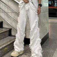 【HOT】△❐﹍ Raw edge white jeans style high street vibe structure design straight high-end fashion loose retro long trousers