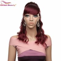 16inch 160g Synthetic Ponytail With Bangs 2Combs Curly Wave Hair Rose Intranet Wine Red For Black White Women