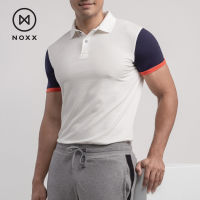 Noxx Polo T-shirt: เสื้อโปโล แขนสั้น สีขาว แขนน้ำเงินขอบส้ม