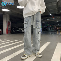 ST Mens straight loose multi-pocket cargo jeans street hip-hop casual all-match wide-leg mopping trousers mens jeans