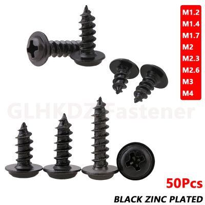 50X M1.2 M1.4 M1.7 M2.3 M2.6 M3 M4 PWA Pan Round Head with Washer Self Tapping Wood Screw Phillips Bolt Black Zinc Plated Steel