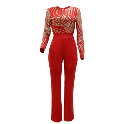Women Glitter Jumpsuits Long Sleeve Wide Leg Sparkly Red Overalls Elegant Fashion Shiny Rompers Party Business One Piece Outfits