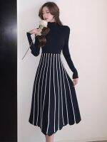 【YF】 New Knitted Women Dress Black Temperament Mujer Simple Stretchy Basic Bodycon Pleated Midi Street Inner-Match Robe Femme Vestido