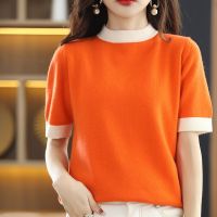 100 Wool Sweater Women 39;s T-Shirt Spring and Summer New Round Neck Colorblock Pullover Short Sleeve Loose Knitted All-Match Base