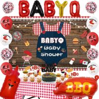 CHEEREVEAL BBQ Baby Shower Decorations, Baby Q Party Decorations With Barbecue Themed Baby Shower Backdrop, Red Checked Tablecloth, Baby Q Cupcake Toppers ลูกโป่งฟอยล์สำหรับตกแต่งงานปาร์ตี้ปิกนิก