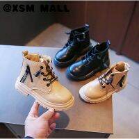 XSM MALL สไตล์อังกฤษ Girls &amp; Boys Martin Boots ซิป Soft Sole Lace-Up All-Match 3-18ปี Anti-Slippery รองเท้าเด็ก T22N08CC-108