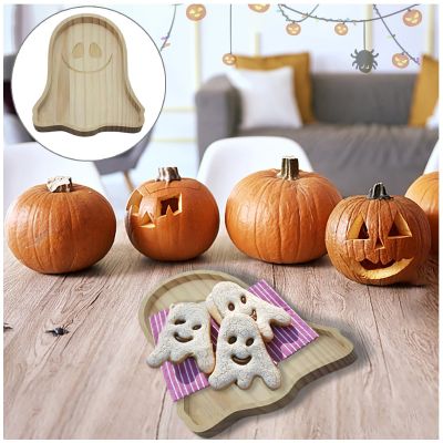 Halloween Pumpkin Tray Wooden Ghost Tray Food Fruit Snack Storage Plate Home Accessories Halloween Party Table Desk Decoration