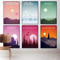 อัลบัม♙โปสเตอร์ภาพยนตร์แบบมินิมอล Tatooine Hoth Endor Coruscant Mustafar Naboo ศิลปะบนผนังรูปภาพผ้าใบพิมพ์ห้องของขวัญงานศิลปะตกแต่งบ้าน