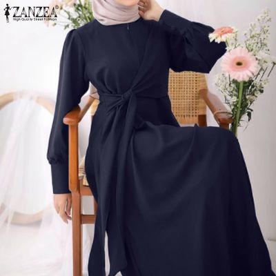 ZANZEA Women Muslim Casual Loose Tie A Swing Puff Sleeve Long Dress