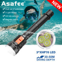 Asafee Super Bright Diving Scuba 2500LM D899 3*XHP70 LED Underwater Brightness Shooting 3 Gear Pushing Switch uses 26650 Battery IPX8 Waterproof