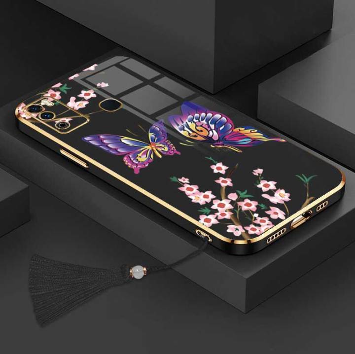 เคสสำหรับ-infinix-hot-9-play-infinix-x680หรูหราผีเสื้อที่สวยงามพร้อมกล้องดอกไม้เคสโทรศัพท์ขอบชุบซิลิโคนฝาครอบอ่อนพร้อมฟรีสายคล้อง