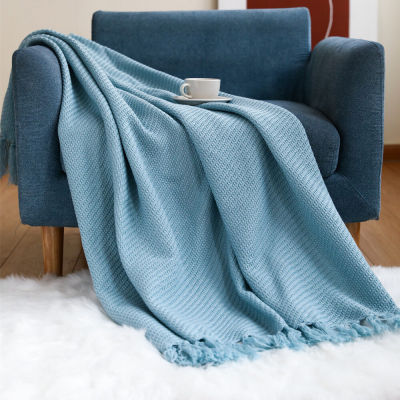 ผ้าห่มถักเครื่องบินท่องเที่ยวผ้าห่มโซฟางีบหลับสำหรับการพักผ่อนในบ้านผ้าห่มแต่งพู่ปลายผ้าห่มเตียง