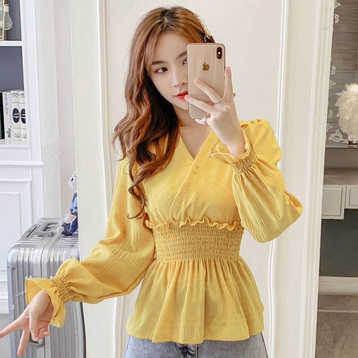 Chiffon Top Women 2023 Summer New Korean style Fold Waist V neck Design  Niche Shirt Long sleeve Top Blouses for Women Styles 2023 Baju Perempuan |  Lazada