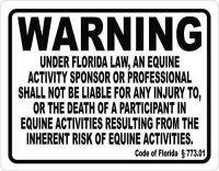 ป้ายโลหะสัญลักษณ์อลูมิเนียมดีบุกดีสัญลักษณ์ความรับผิดฟลอริดา Equine Law โลหะแจ้งผู้อุปถัมภ์ที่สถานที่ขี่ม้าของคุณเกี่ยวกับกฎของบริษัทของคุณขนาด8X12นิ้ว