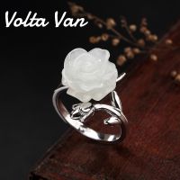 Volta Van  New 925 Sterling Silver Rings White Jade Elegant Vintage Jewelry Rose Flower Women Concise Luxury Opening Rings