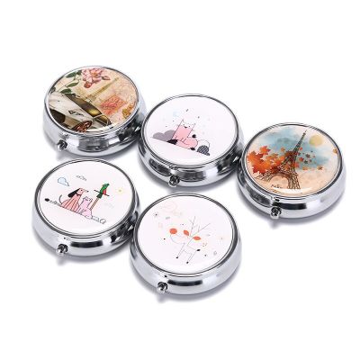 Multi Functional Portable Metal Round Flower Print Organizer Compartment Pill Case Divid Storage Tablet Container Medicine Box Medicine  First Aid Sto