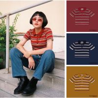 ?ห้ามพลาด! - 90s Stripped Collar เสื้อครอป แขนสั้น คอปก ลายทาง ไหมพรม เอวลอย เสื้อผ้าผู้หญิง เส ส่งเร็ว?