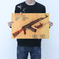 (สไตล์) โปสเตอร์คลาสสิก Kalashnikov AK47แผ่นภาพโครงสร้างโปสเตอร์กระดาษกาวย้อนยุควินเทจการตกแต่งบ้านสติ๊กเกอร์ติดผนังกาวฟรี