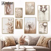 2023₪❄ Beige Reed Dandelion Wall Art Painting Dried Flower Grass Plants Canvas Print Sand Hand Poster Nordic Wall Pictures Home Decor