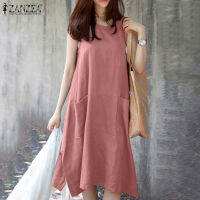 ZANZEA ชุดเดรสลำลองแขนกุดผู้หญิง A-Line Sundress ผ่าข้าง Midi Club Midi Dress #8