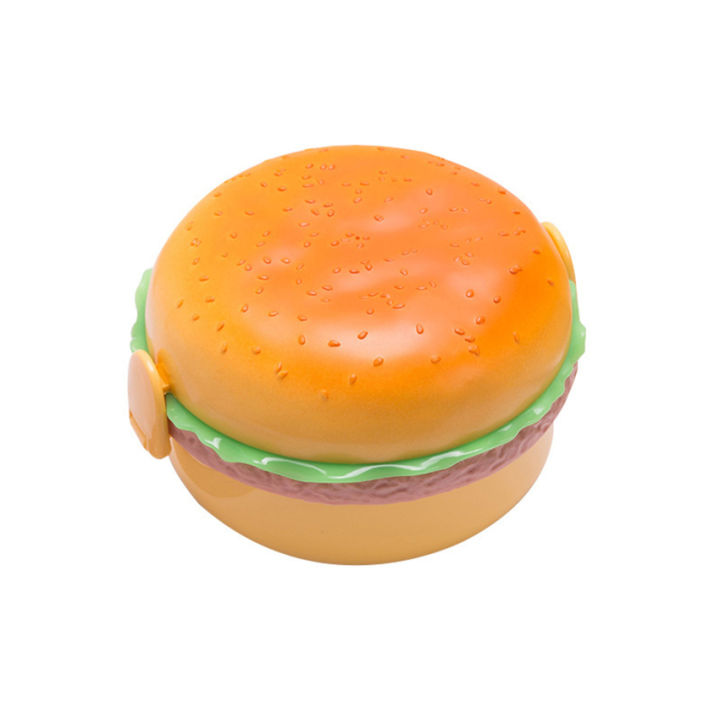 double-tier-hamburger-lunch-box-hamburger-bento-box-microwavable-kids-school-food-container-fork-dinnerware-set