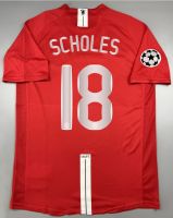 เสื้อฟุตบอล ย้อนยุค แมนยู 2007 เหย้า Retro   Home พร้อมเบอร์ชื่อ 18 SCHOLES อาร์มยูฟ่า แชมเปี้ยนลีค Final Moscow เรโทร คลาสสิค 2007-09