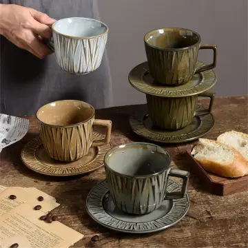 Nordic Vintage Relief Flower Pattern Coffee Mugs Luxury Water Cafe Tea Milk  Cups Condensed Coffee Glass Cup Saucer Suit SetCups