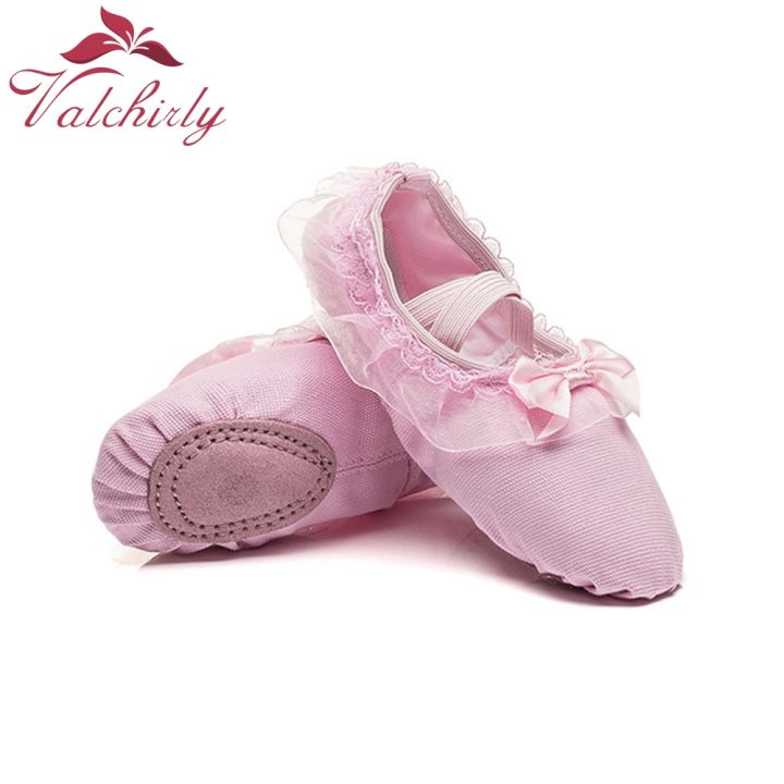 รองเท้าเด็กเต้นบัลเล่ต์ส้นดอกไม้ลูกไม้-โบว์ตกแต่งสำหรับเด็กผู้หญิง
