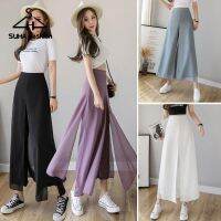 COD SDFSDRGBWWW ✧♤♦SUHA Women Ice Silks Chiffon Wide-Legged Pants Summer Casual Loose Fake Two Piece Skirt Fashion Beach square with slit candy shorts plus size jogger for womens boho