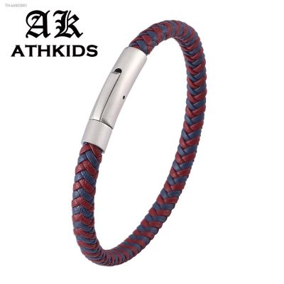 ✇✾◘ Stainless Steel Snaps Red Blue Leather Mix Braided Bracelets Fashion Unisex Jewelry Weave Bangles Wrist Band Gifts PD0455