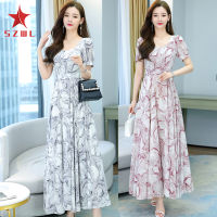 SZWL Women Dress Fashion Floral Printed Short-sleeved Loose Cuffs Waist-slimming Beach Long Skirt