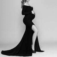 Black Shoulderless Maternity Dresses for Photo Shoot Maxi Gown Split Side Women Photography Props