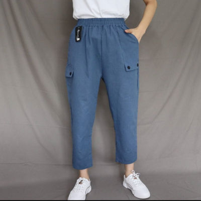 ส่งไว กางเกงผ้าฝ้ายขายาวแฟชั่นผู้หญิง fashion cotton pants ผ้าฝ้ายสีพื้น มีกระเป๋า2ข้าง  แบบนี้เป็นเอวยางยืด ผ้าใส่สบาย-962#