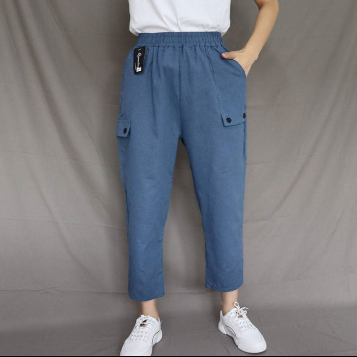 ส่งไว-กางเกงผ้าฝ้ายขายาวแฟชั่นผู้หญิง-fashion-cotton-pants-ผ้าฝ้ายสีพื้น-มีกระเป๋า2ข้าง-แบบนี้เป็นเอวยางยืด-ผ้าใส่สบาย-962